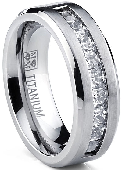 Titanium Men's .9Ct Wedding Band Engagement Ring with 9 Large Princess Cut Cubic Zirconias