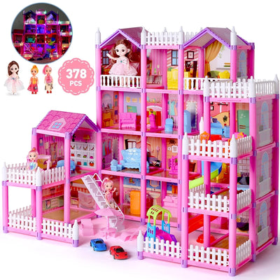 Dollhouse with Colorful Light, Pretend Play MultiRooms & 2 Dolls