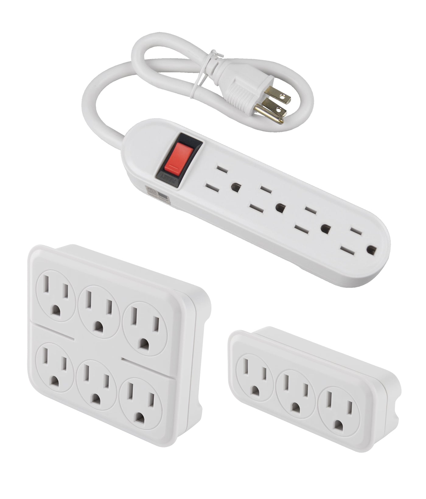 3-Piece Power Strip Set Includes 4-Outlet Strip with 1.5 Ft Cords and 6 & 3-Outlet Wall Blocks