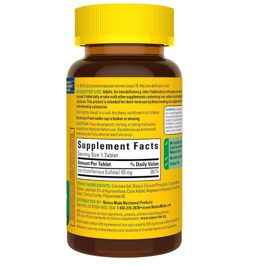 Iron 65mg (325mg Ferrous Sulfate) Tablets – Dietary Supplement for Red Blood Cell Support, 180 Tablets, 180-Day Supply