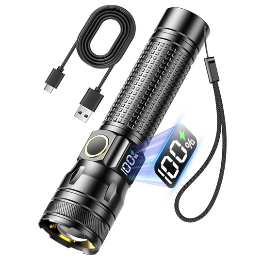 Rechargeable LED Flashlight – High Lumen EDC Use – Zoomable Beam with Digital Power Display – USB-C Charging for Home, Outdoor, Camping & Emergency Survival