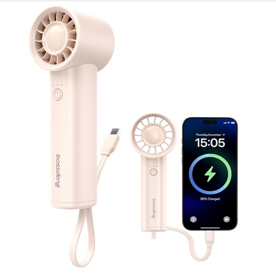 Portable Handheld Fan – 3-in-1 USB Rechargeable Use – Mini Personal Fan with Power Bank & Flashlight – High-Speed Cooling for Travel, Beach & Outdoor Use – Pink
