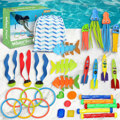 30 Pcs Pool Toy Set with Storage Bag & Water Toys Swim Learning & Diving Skill Development for Kids