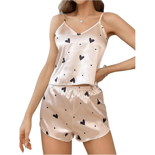 Women's 2-Piece Heart Print Satin Pajama Set