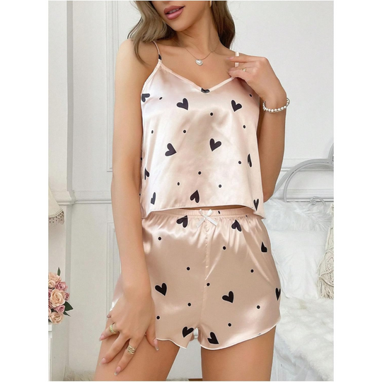 Women's 2-Piece Heart Print Satin Pajama Set