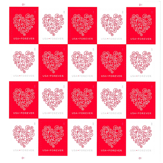 USPS Forever Hearts Forever Stamps - Sheet of 20 Postage Stamps