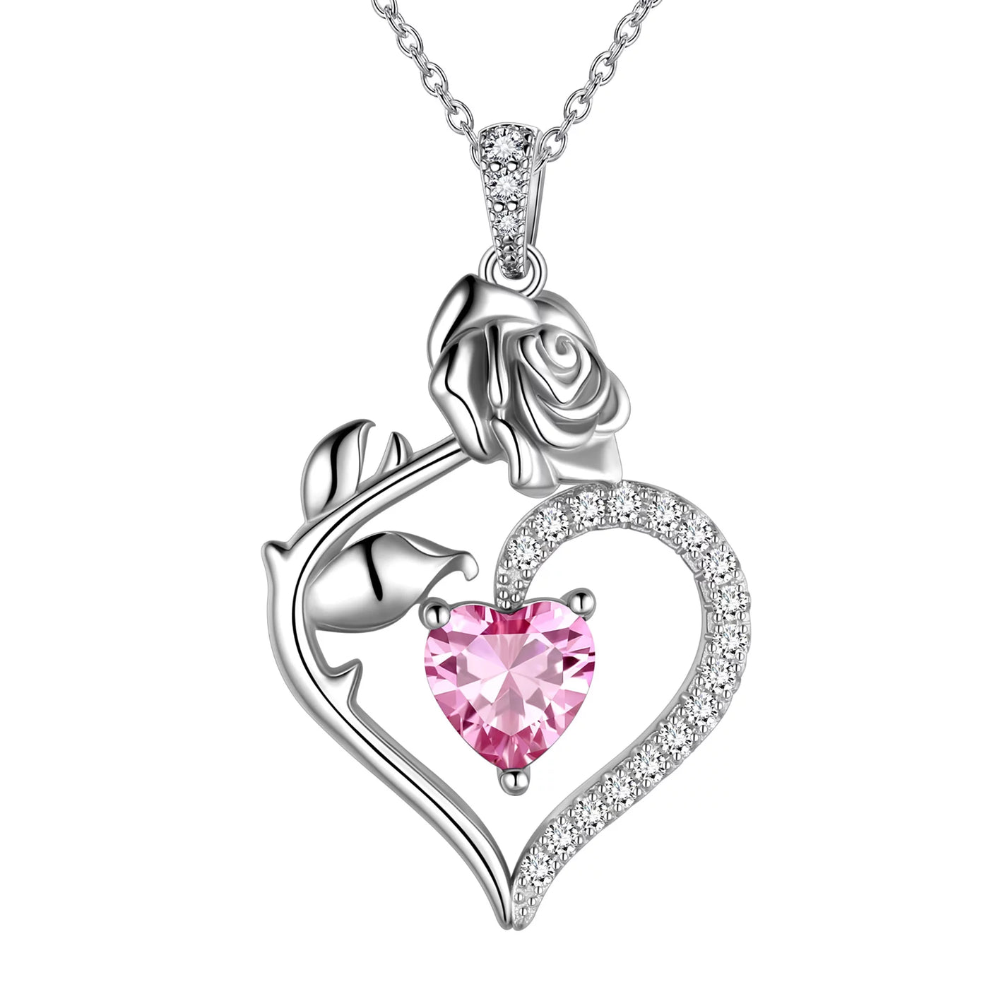 925 Sterling Silver Birthstone Necklace -  Rose Flower Heart Pendant with Chain