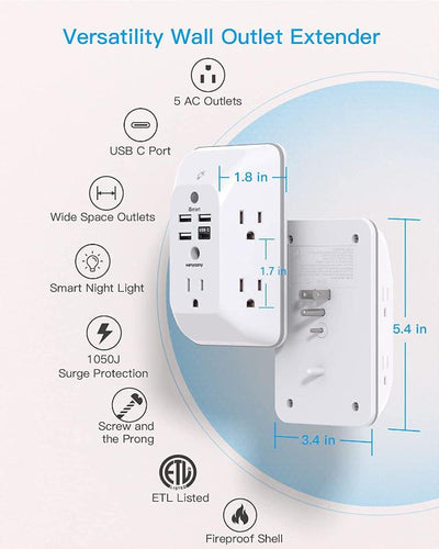  Outlet Extender with Night Light, Multi Plug Outlet, USB Wall Charger Surge Protector