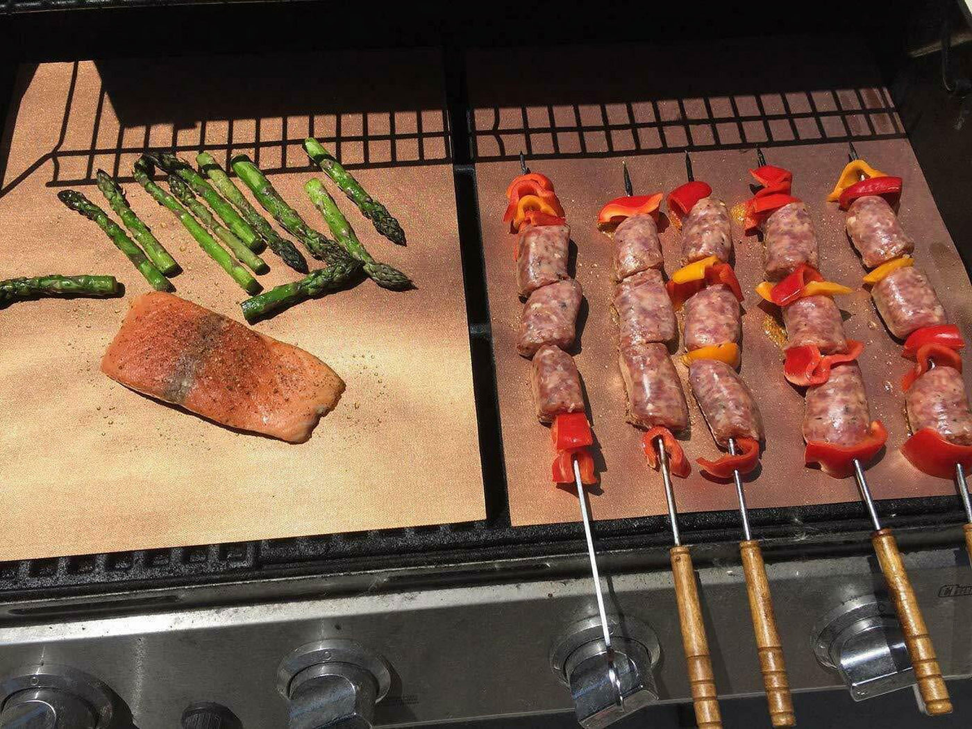 Set of 5 Heavy Duty Copper BBQ Grill Mats - Non Stick Easy to Clean, Reusable