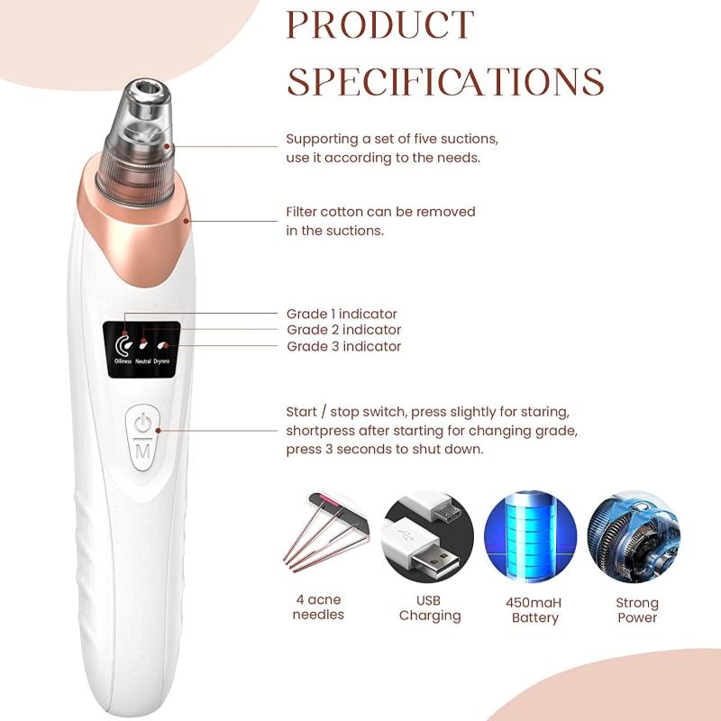  Blackhead Remover Pore Vacuum,Facial Pore Cleaner-5 Suction Power,5 Probes,USB Rechargeable Blackhead Vacuum Kit Electric Acne Extractor Tool 