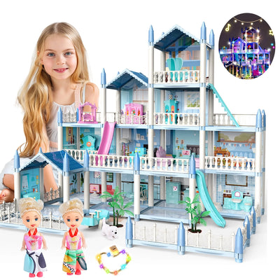 Dollhouse with Colorful Light, Pretend Play MultiRooms & 2 Dolls