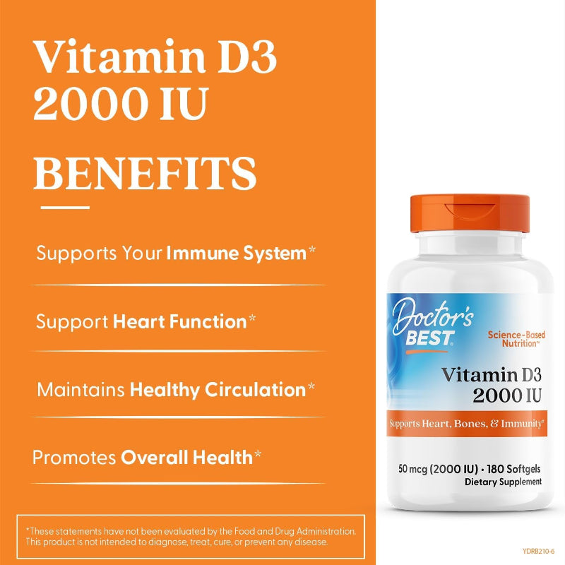 Vitamin D3 2000 IU, 180 Count, Supports Bones, Teeth, Heart, and Immune Health