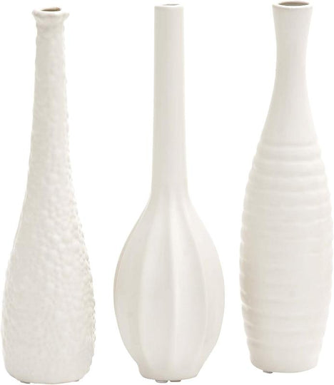 Set of 3 Ceramic Slim Textured Bottleneck Vase with Varying Patterns