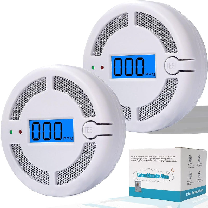  2-Pack Carbon Monoxide Detectors with LED Display, Battery Powered CO Alarm