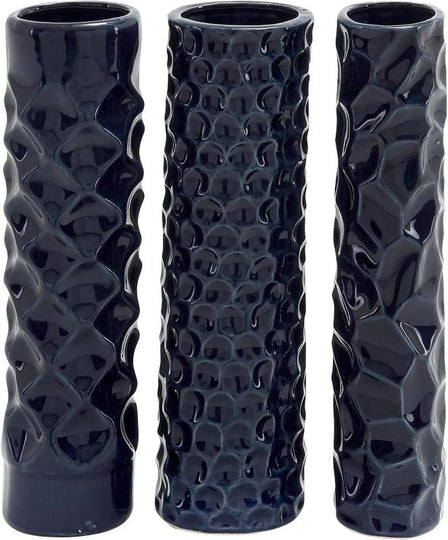 Set of 3 Ceramic Slim Textured Bottleneck Vase with Varying Patterns