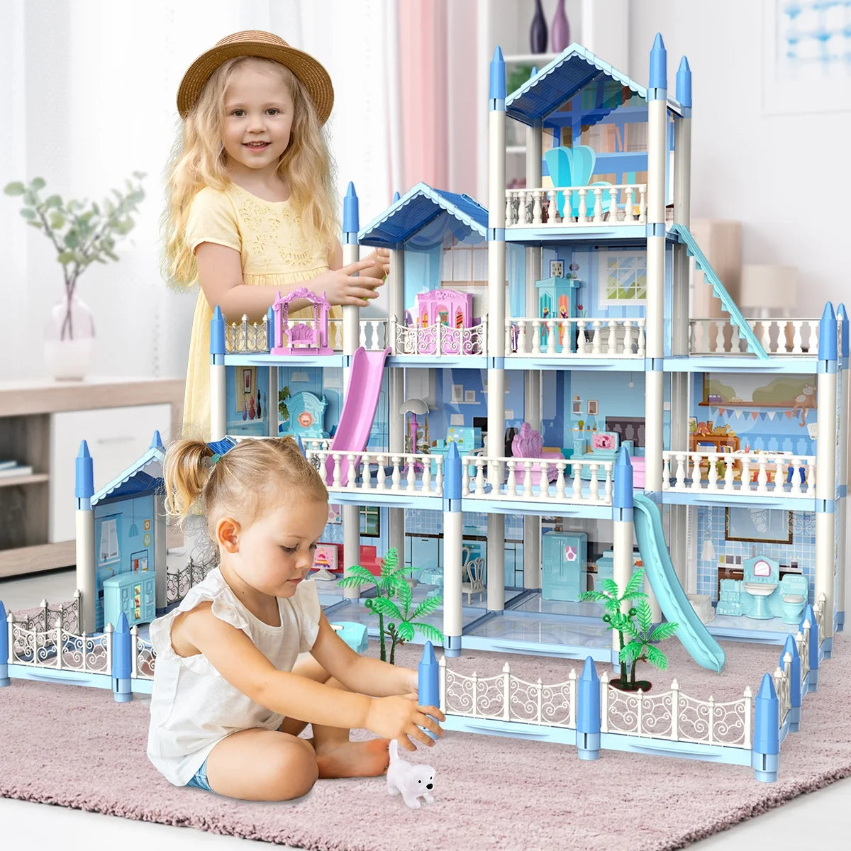 Dollhouse with Colorful Light, Pretend Play MultiRooms & 2 Dolls