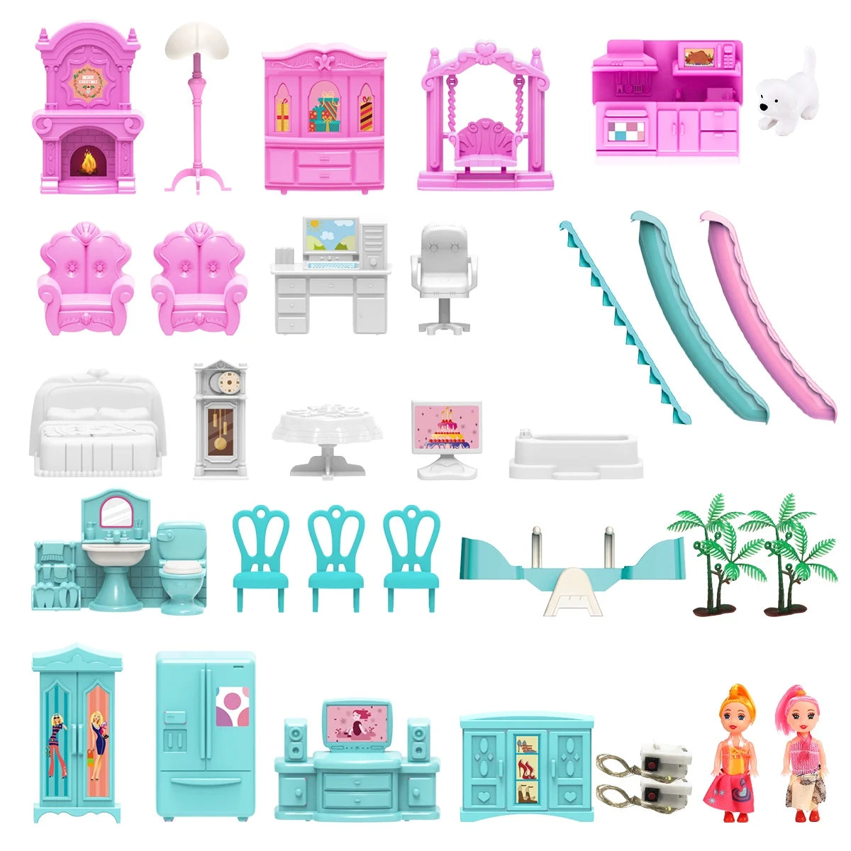 Dollhouse with Colorful Light, Pretend Play MultiRooms & 2 Dolls