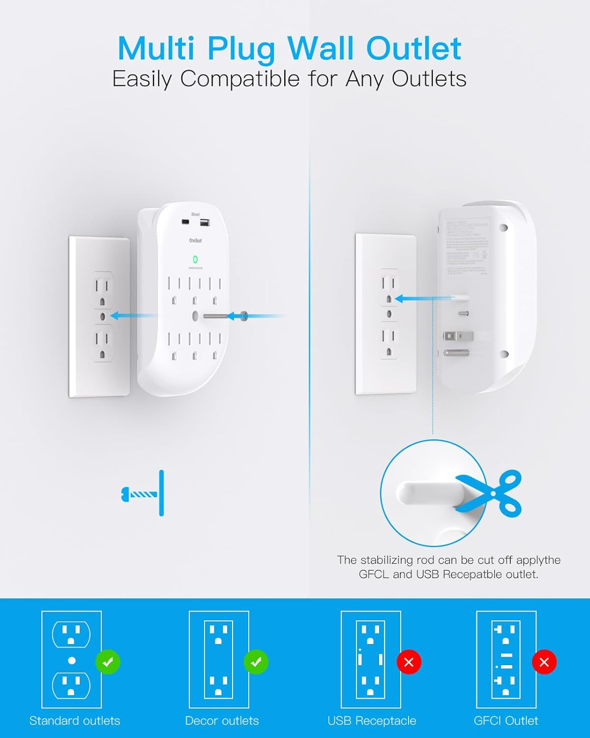 2 Pack Surge Protector Outlet, Multi Plug Outlet Adapter with 6 Wall Outlets 2 USB Wall Charger (1 USB C Port)