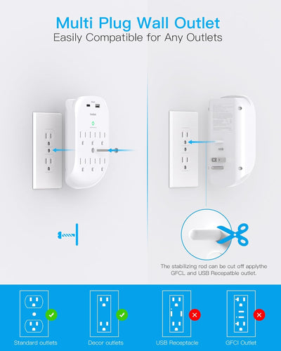 2 Pack Surge Protector Outlet, Multi Plug Outlet Adapter with 6 Wall Outlets 2 USB Wall Charger (1 USB C Port)