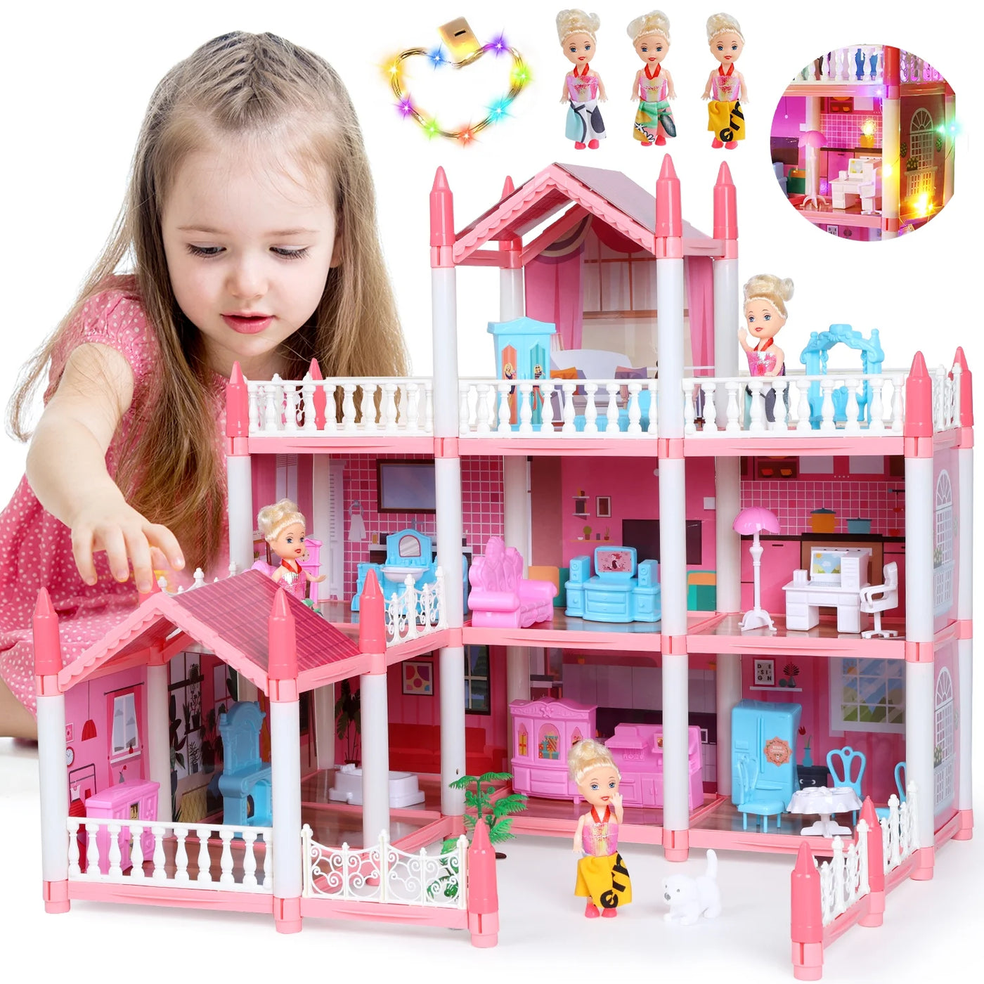 Dollhouse with Colorful Light, Pretend Play MultiRooms & 2 Dolls