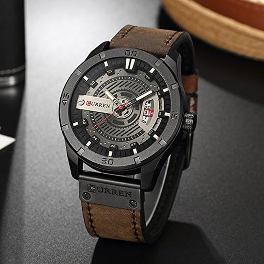 Men's Quartz-Analog Watch - Military Sport Wristwatch with Leather Band