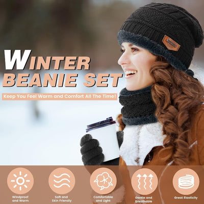 Winter Hat Beanie Scarf Gloves Set with Fleece Lining for Men and Women