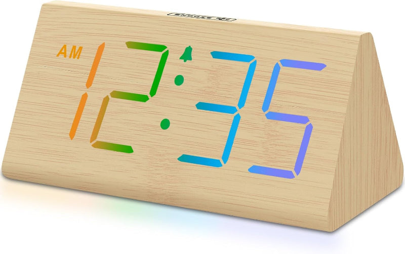 Wooden Digital Alarm Clock with USB Port, Loud Alarm, Dimmer, and Snooze Function