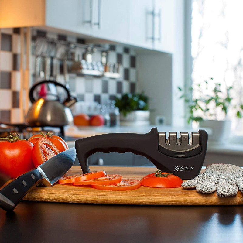 4-in-1 Kitchen Knife Sharpener with 3 Stages and Cut-Resistant Glove