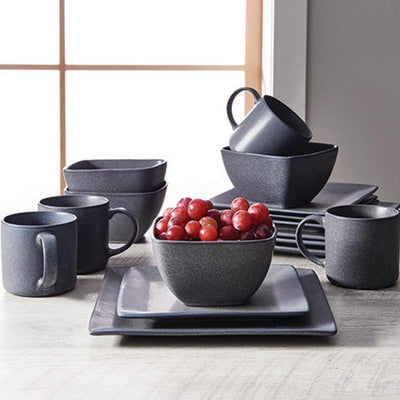 Dark Gray Square Stoneware 16-Piece Dinnerware Set