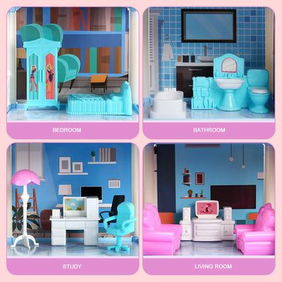 Dollhouse with Colorful Light, Pretend Play MultiRooms & 2 Dolls