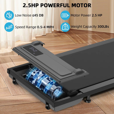 2.5HP Walking Pad Under Desk Treadmill with Remote and LED Display 300lbs Capacity