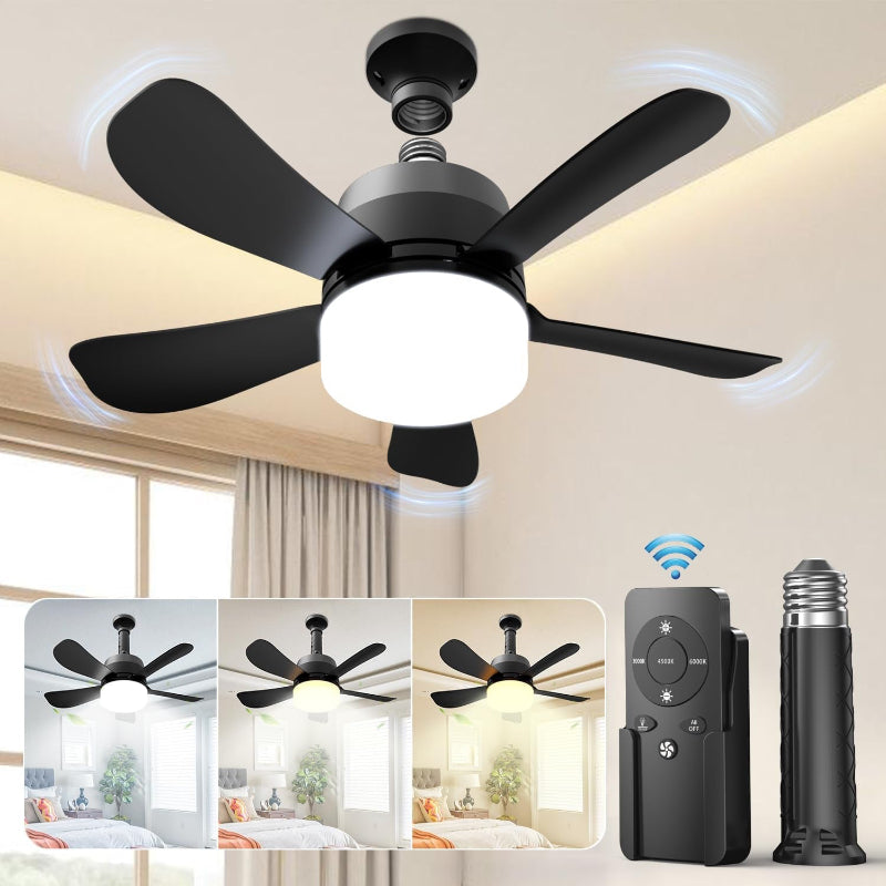 Socket Ceiling Fans with Lights and Remote- Socket Fan light with Dimmable Led Light Bulb, 3 Colors 3000K-6000K, 1000 Lumens, E26 Screw in Small Ceiling Fan for Bedroom Living Room Kitchen Garage