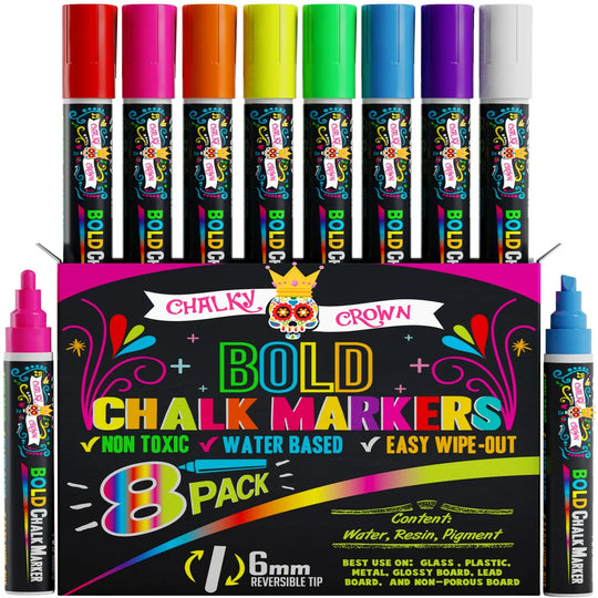 Chalky Crown Bold Chalk Markers - Dry Erase Marker Pens - Reversible Tip (8 per Pack) - (Multi-Colored, 6 Mm)