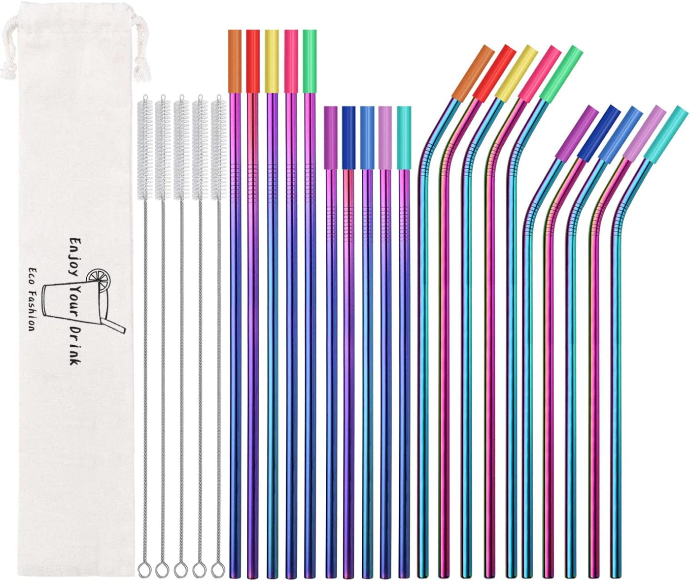 20 Pack Reusable Stainless Steel Metal Straws,10.5" & 8.5" Reusable Drinking Straws with 20 Silicone Tips 5 Straw Brushes 1 Travel Case,Eco Friendly Extra Long Metal Straw Fit for 20 24 30 oz Tumbler