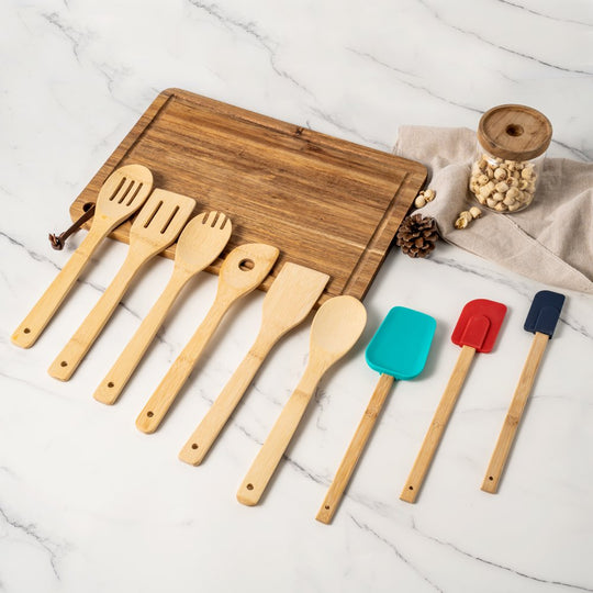 9 Piece 100% Natural Bamboo Utensil Set for Cooking