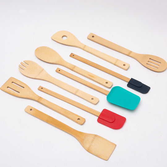 9 Piece 100% Natural Bamboo Utensil Set for Cooking