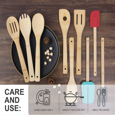 9 Piece 100% Natural Bamboo Utensil Set for Cooking