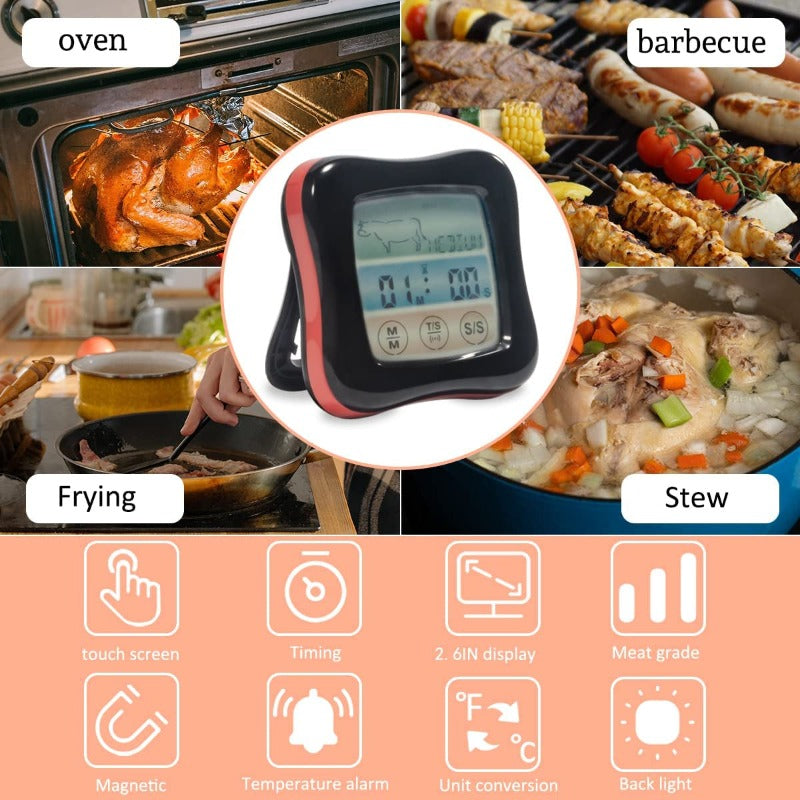 Digital Instant Read Meat Thermometers with Probe for Cooking and Grilling, Kitchen Timer, and Touchscreen LCD