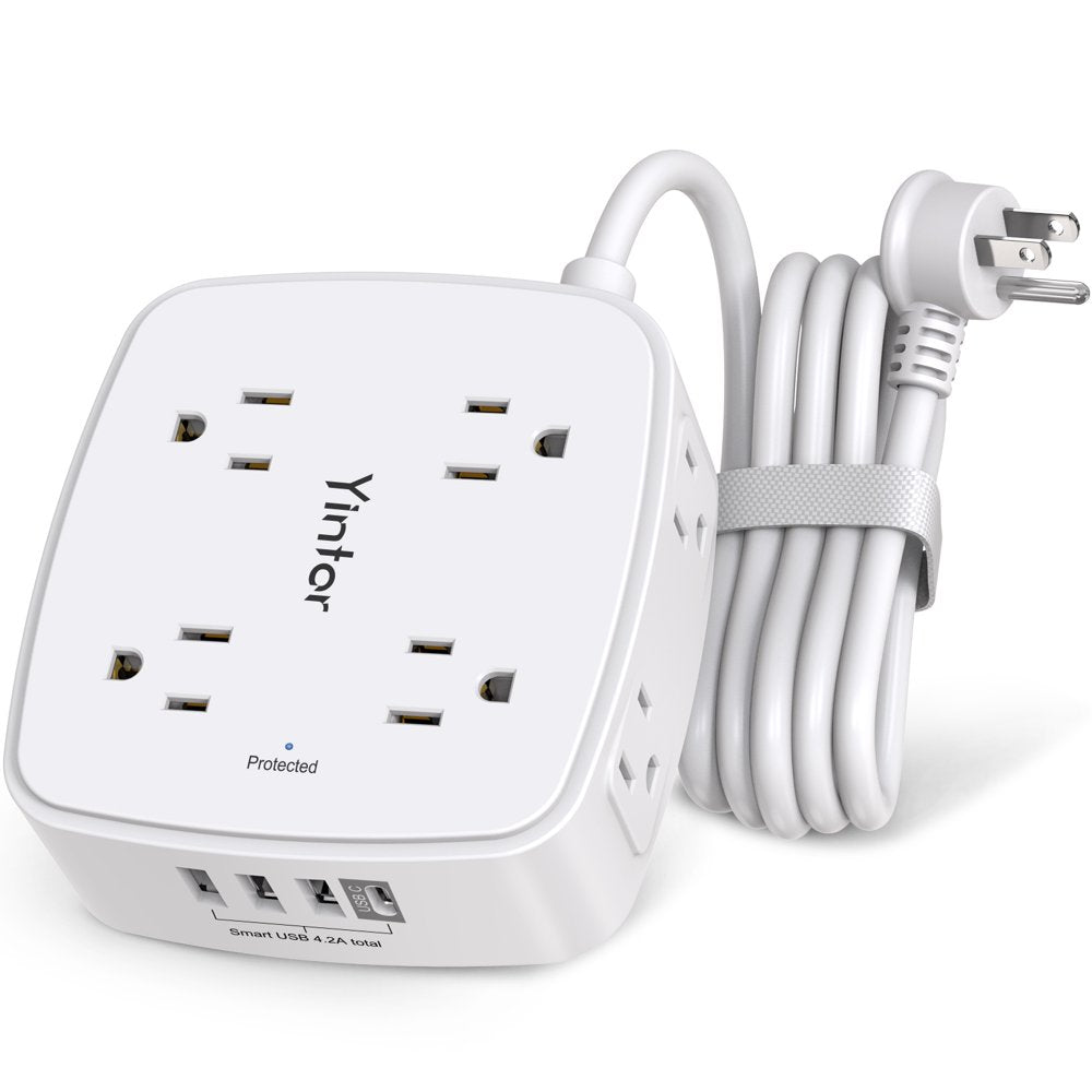 6 Ft Extension Cord Power Strip, 3 Side 8 Widely Surge Protector Outlets with 4 USB Ports,Flat Plug,Wall Mount,Etl,White
