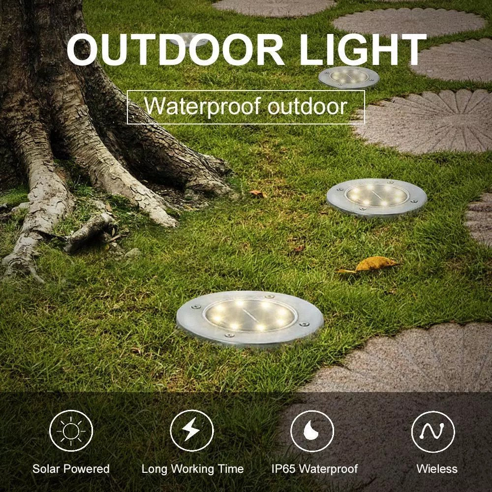 4 Pack Solar Ground Lights 8 LED Solar Lights Outdoor Solar Powered Garden Lights Waterproof In-Ground Disk Lights for Patio Pathway Garden Lawn Yard Driveway Deck Walkway