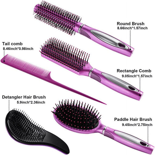 5 Pieces Hair Brush Comb Set Detangling Paddle Brush round Hair Tail Comb Wet Dry Brush for Women Men Hair Styling(Purple)