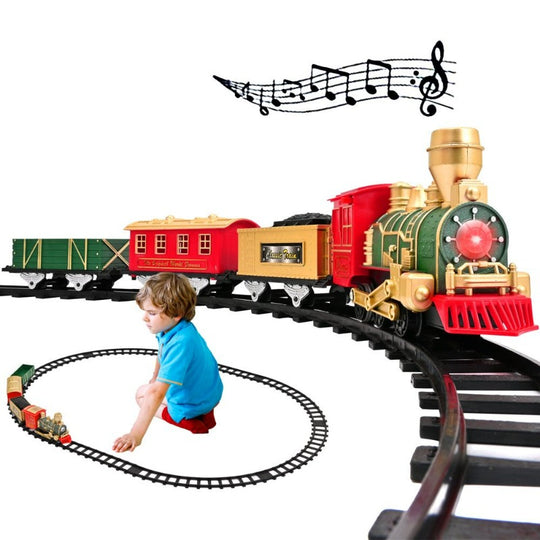  Electric Train Toy  W/ Lights & Sound, Railway, Locomotive Engine, Cargo Cars, 3 Cars &10 Tracks