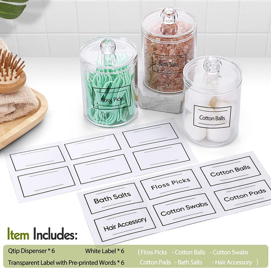 6 Pack Clear Plastic Apothecary Jar Set for Bathroom Canister Storage Organization