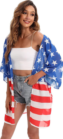 Women's American Flag Kimono Cover up Beachwear Cardigan Loose Tops Shirt Blouse