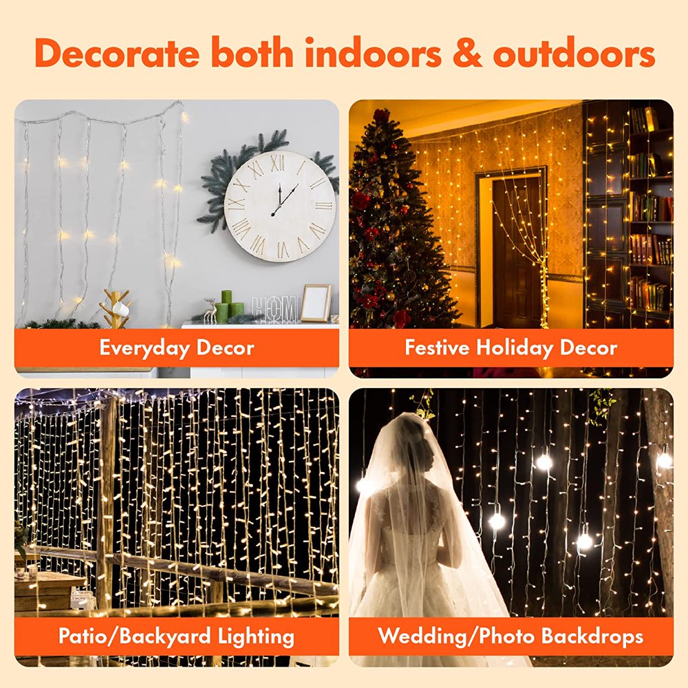 300 LED Window Curtain String Lights For  Wedding, Party, Home, Garden, Bedroom, Warm White