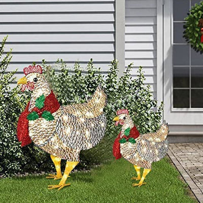Light-Up Chicken with Scarf Holiday Decoration, Small/Large Metal Chicken Christmas Ornaments Battery Powered & 50 Mini Lights, Spring Rooster Animal Garden Stakes for  Ground Lawn Outdoor