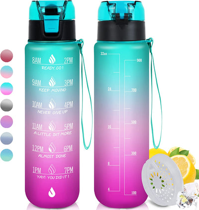  32oz Motivational Water Bottle with Times to Drink,Time Marker & Removable Strainer,Fast Flow,Leakproof Tritan BPA Free Non-Toxic Water Jug for Fitness,Gym,Sports