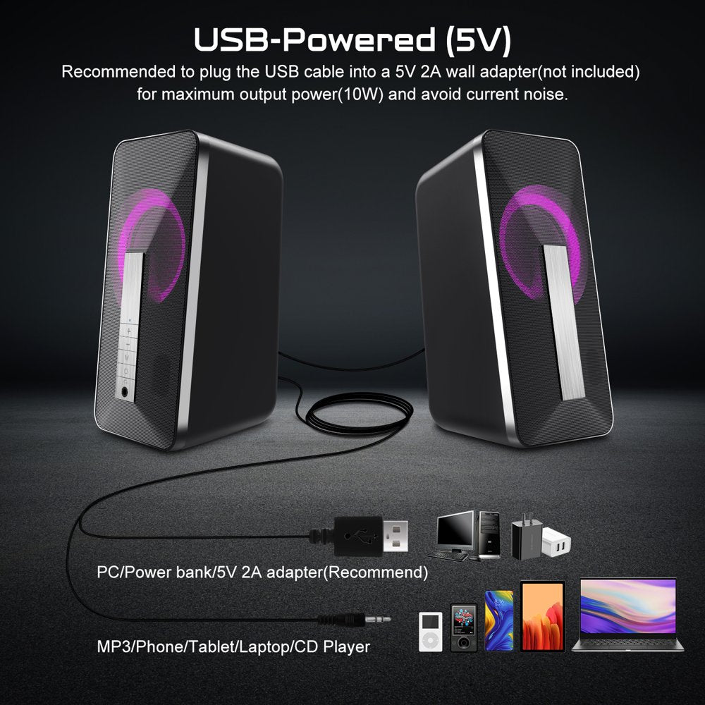 Bluetooth 5.0 Computer Speakers, USB Powered & AUX in with Headphone Jack Speakers, RGB Stereo Gaming Speaker for PC, Desktop, Laptop