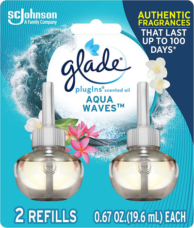 Glade PlugIns Refills Air Freshener, Scented and Essential Oils for Home and Bathroom, Aqua Waves, 1.34 Fl Oz, 2 Count