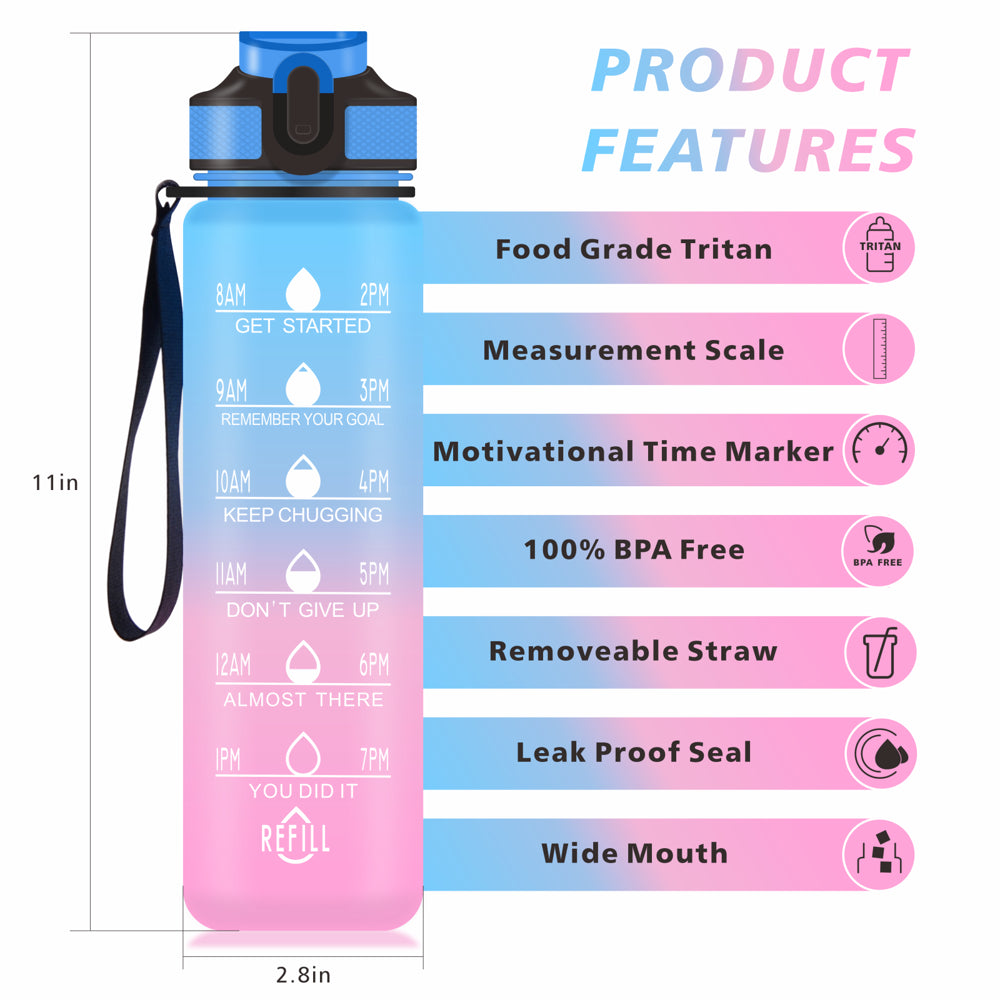 32Oz Water Bottle with Time Marker & Straw Lid for Gym,Motivational Fitness Sports Water Jug with Removable Strainer,Dishwasher Safe,Leakproof,Safety Lock,No Bpa,Blue+Purple